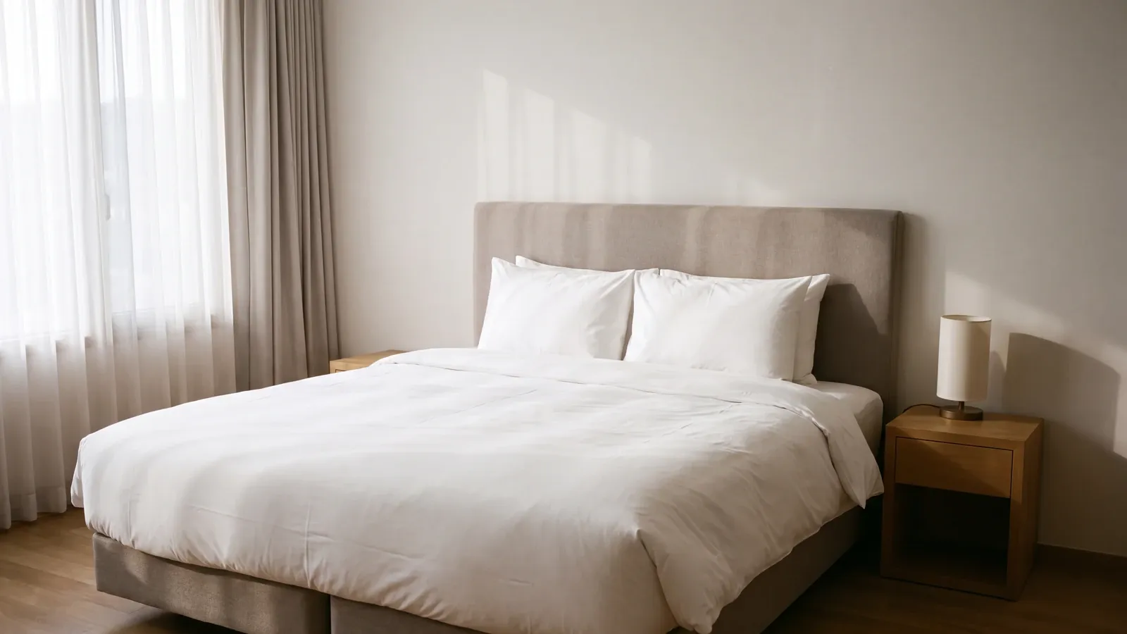 Frisch bezogenes Hotelbett mit weißer Bettwäsche und hellgrauem Kopfteil im weichen Morgenlicht.