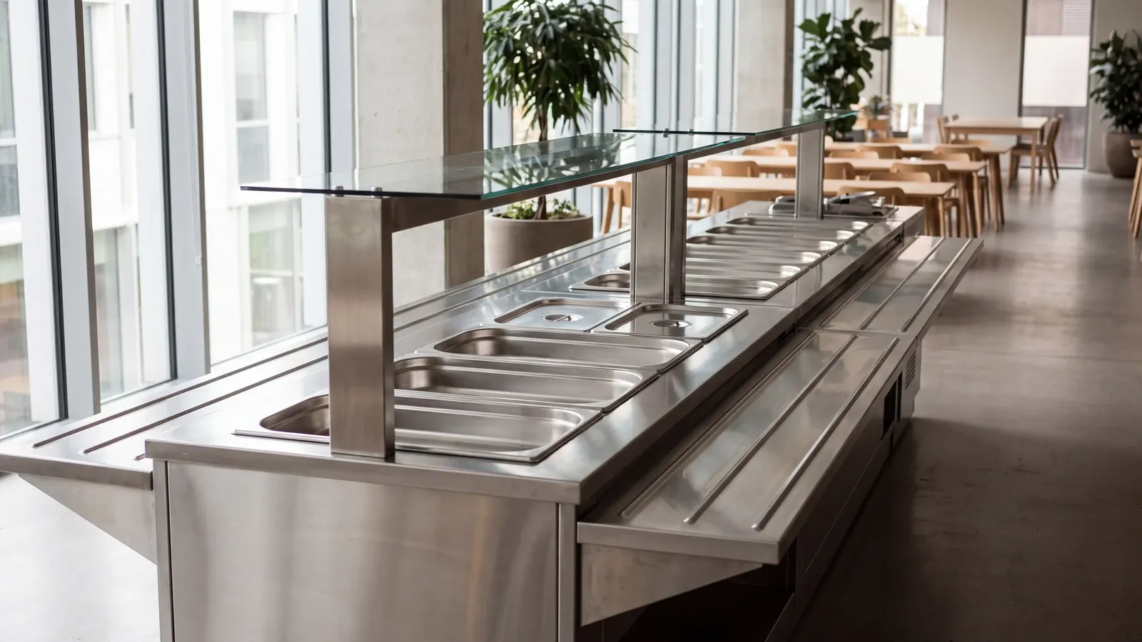 Leere Essensausgabe einer modernen Betriebskantine mit Edelstahltheke, leeren Behältern und Spuckschutz aus Glas im Tageslicht.