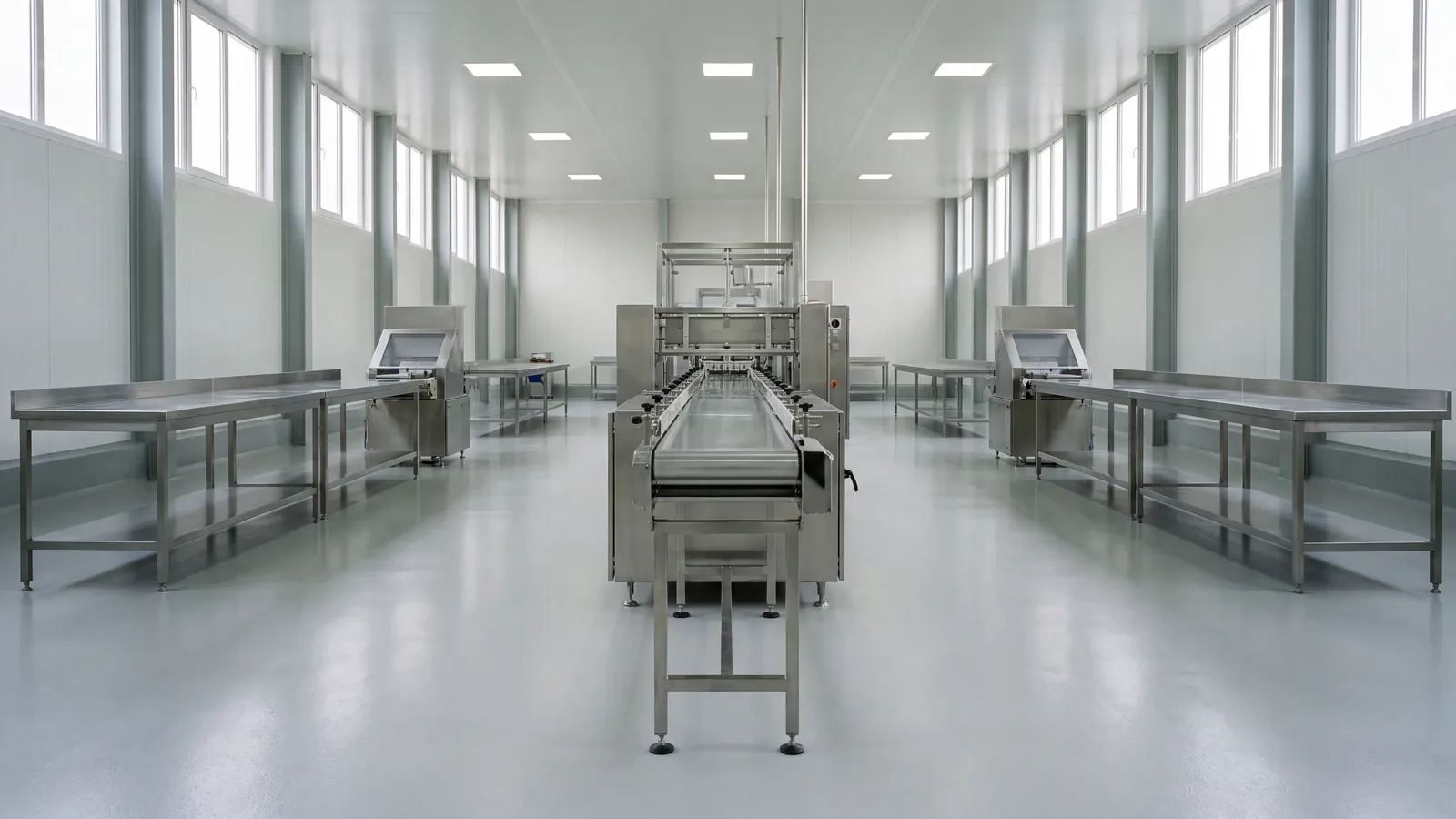 Leere, trockene Produktionshalle der Lebensmittelindustrie mit Förderband und Arbeitstischen aus Edelstahl in diffusem Tageslicht.