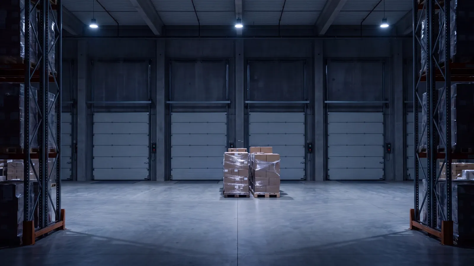 Ruhige Umschlaghalle eines Lebensmittel-Logistikzentrums bei Nacht, zwei Paletten vor geschlossenen Verladetoren, Palettenregale an den Seiten.