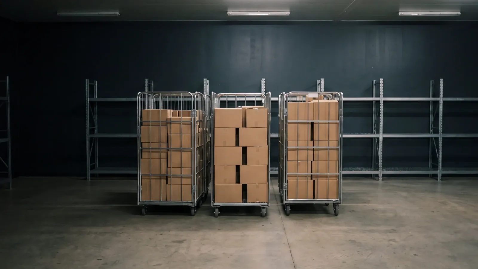 Lagerraum hinter einem Supermarkt bei Nacht, drei Rollcontainer mit braunen Kartons vor leeren Metallregalen.