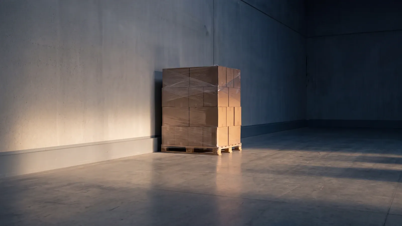 Ruhige Ecke eines Lebensmittellagers bei Nacht: eine Palette mit neutral verpackten Kartons dicht an einer hellen Betonwand, flaches Streiflicht entlang Wandfuß und Sockelleiste.