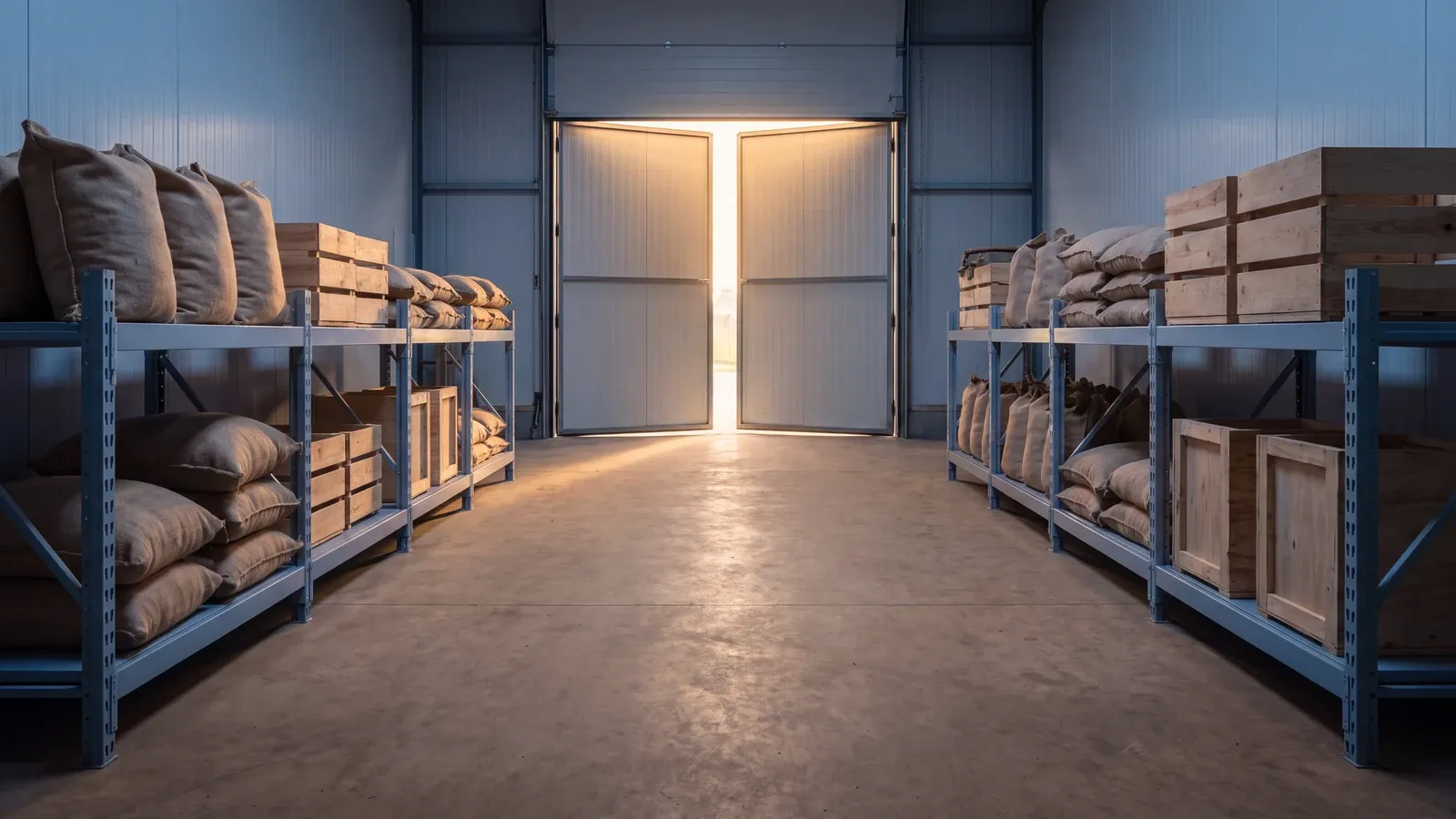 Stiller Gang zwischen Regalen mit Jutesäcken und Holzkisten im Morgengrauen, am Ende steht ein Tor offen und erstes warmes Licht fällt flach über den Betonboden.