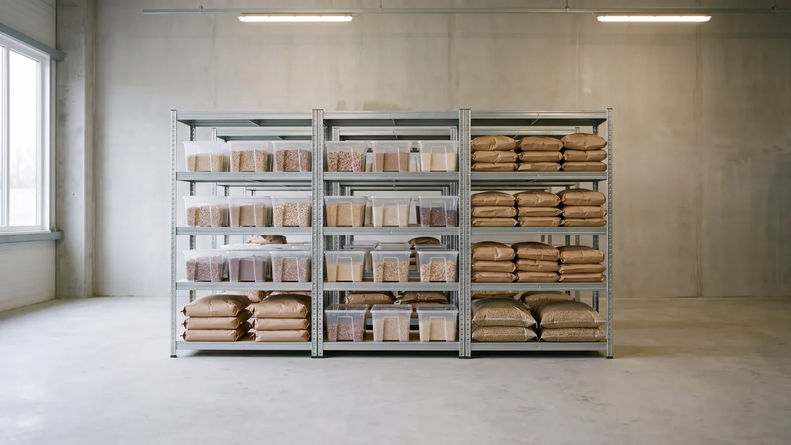 Aufgeräumtes Stahlregal im Lebensmittellager mit Getreide und Nüssen in klaren Behältern sowie neutralen Papier- und Gewebesäcken vor heller Wand.