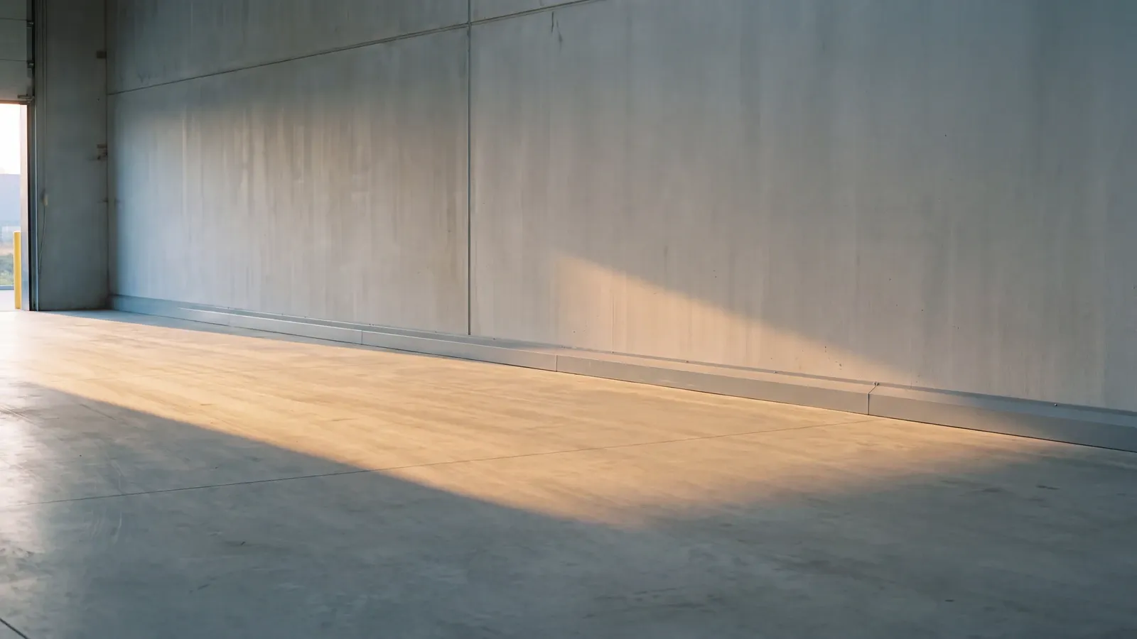 Lange, ruhige Innenwand einer leeren Lagerhalle am frühen Morgen, flaches Sonnenlicht streift über Wand, Sockelleiste und trockenen Betonboden.