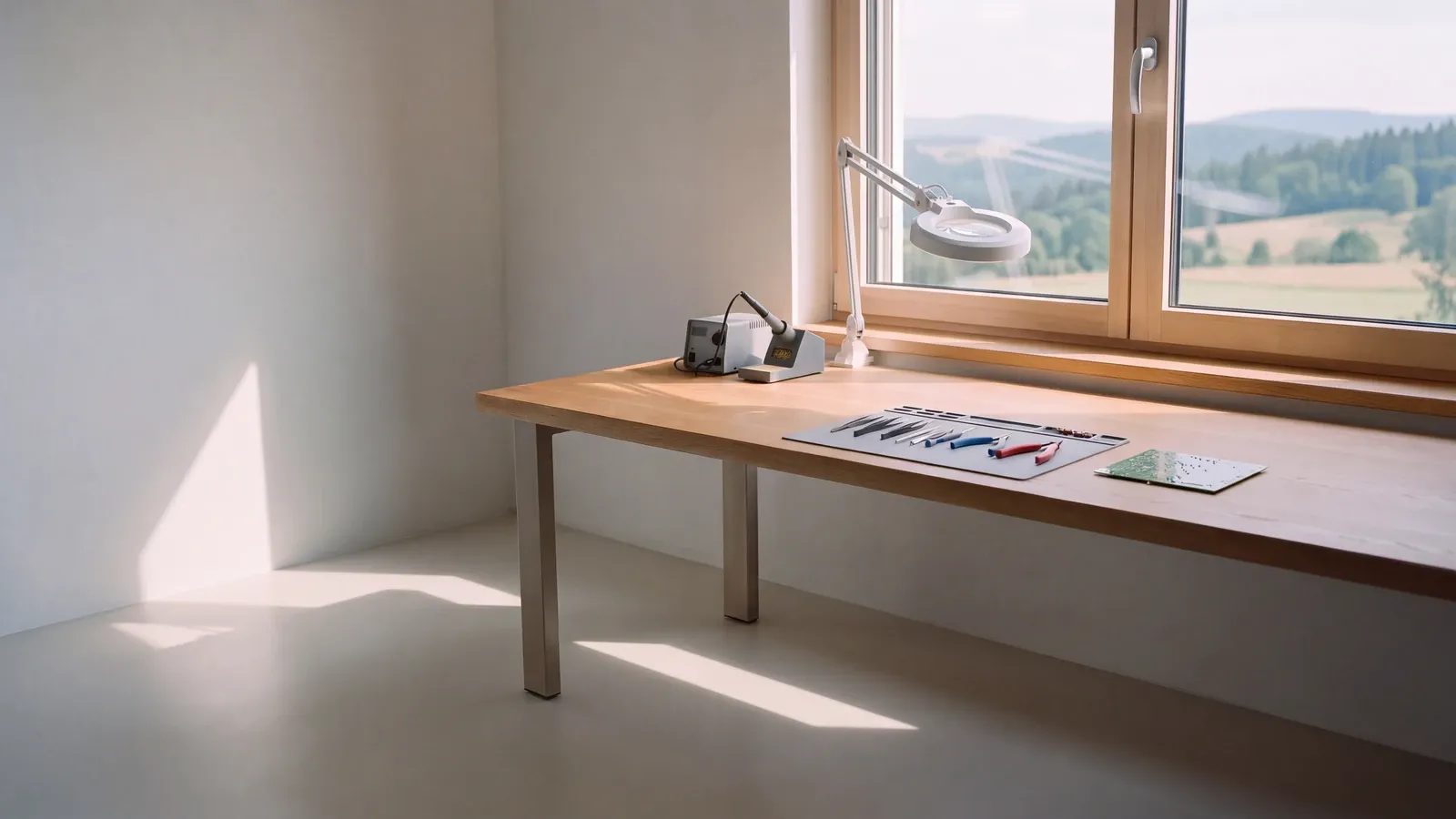 Heller, ruhiger Raum mit einer aufgeräumten Entwickler-Werkbank aus hellem Holz unter einem großen Fenster. Darauf stehen eine Lötstation und eine Lupenleuchte, daneben liegen Werkzeug auf einer grauen Matte und eine unbestückte Platine. Warmes Morgenlicht fällt in Flecken auf Wand und Boden, draußen liegen die bewaldeten Hügel der Schwäbischen Alb.